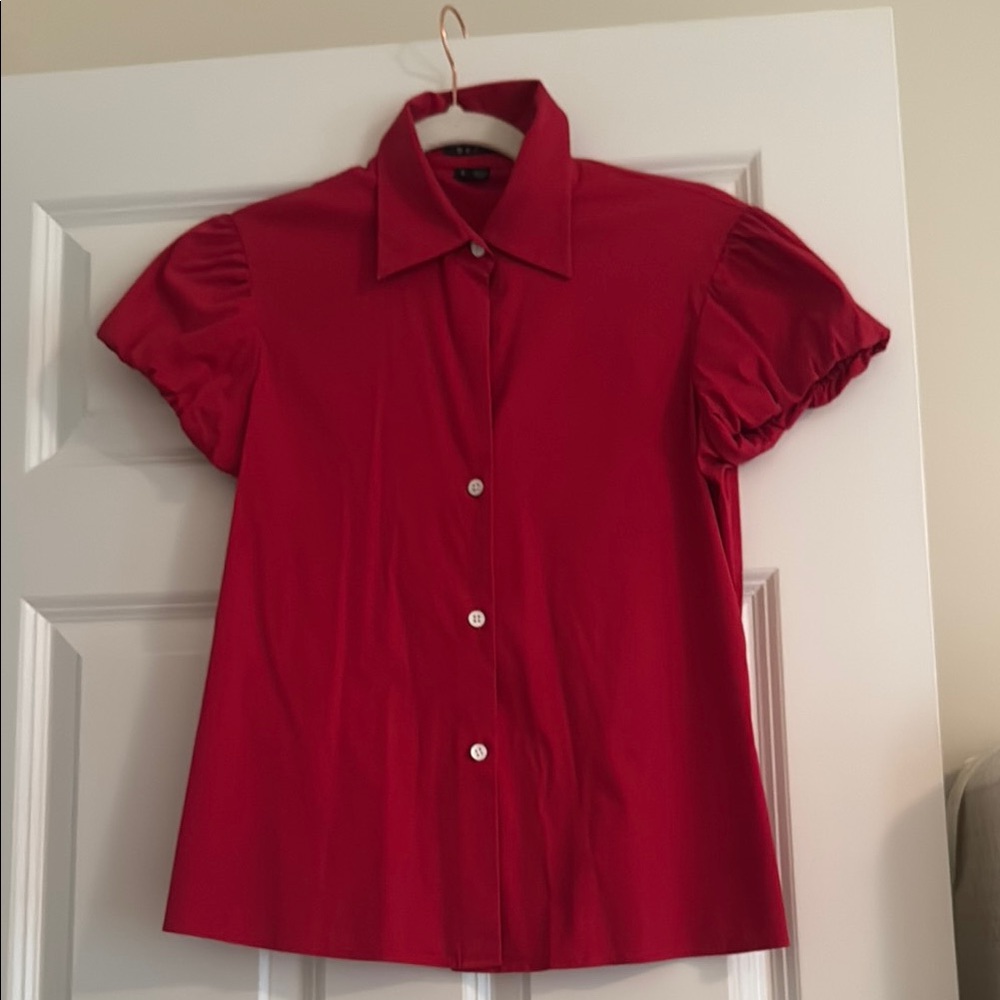 Theory Red Puff Sleeve Button Down Shirt